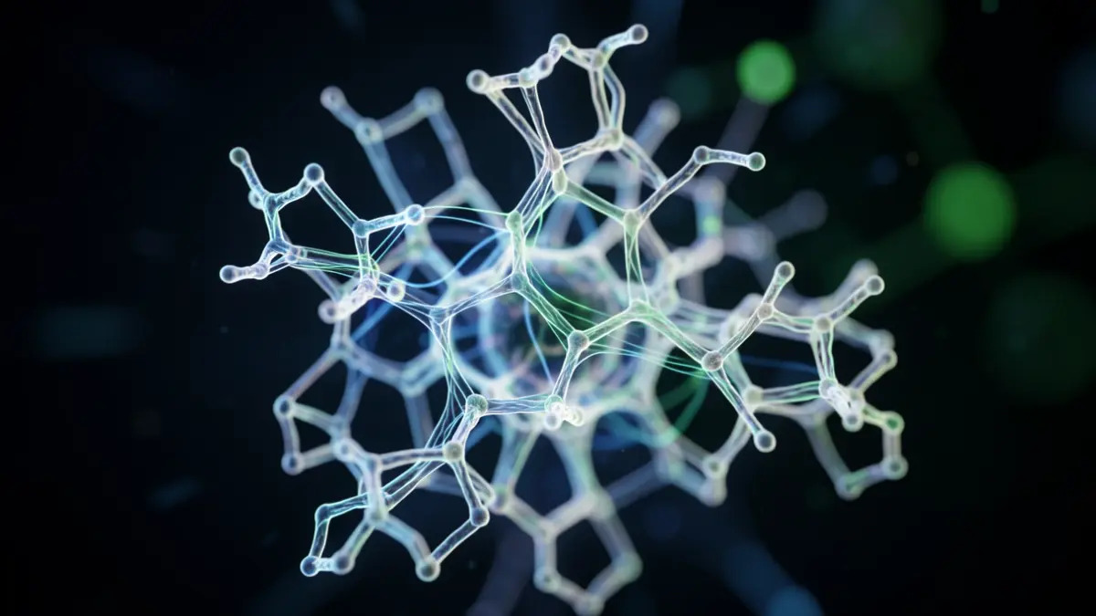 Visualisation abstraite d'une structure protéique complexe avec des lignes de résonance magnétique lumineuses.