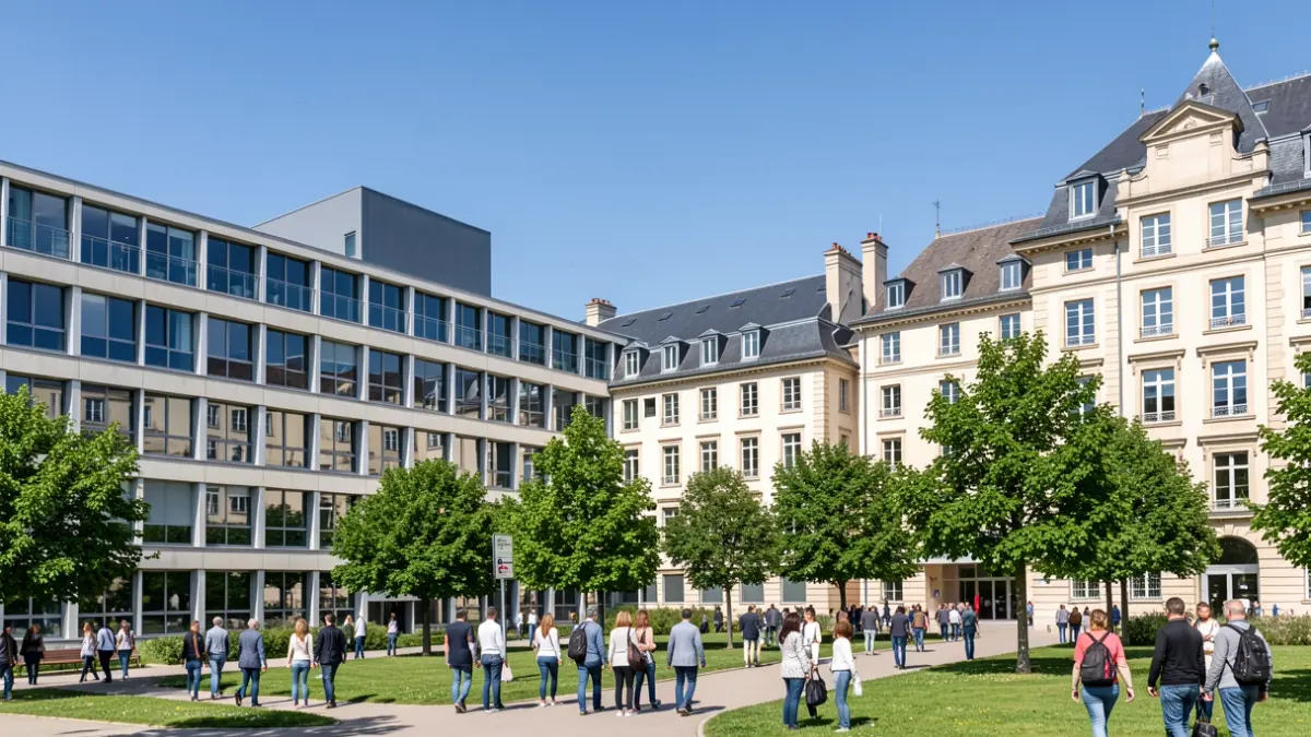 Exterior view of the Mines Saint-Étienne campus with modern and traditional architecture, under a clear blue sky. Green trees and pathways are visible.