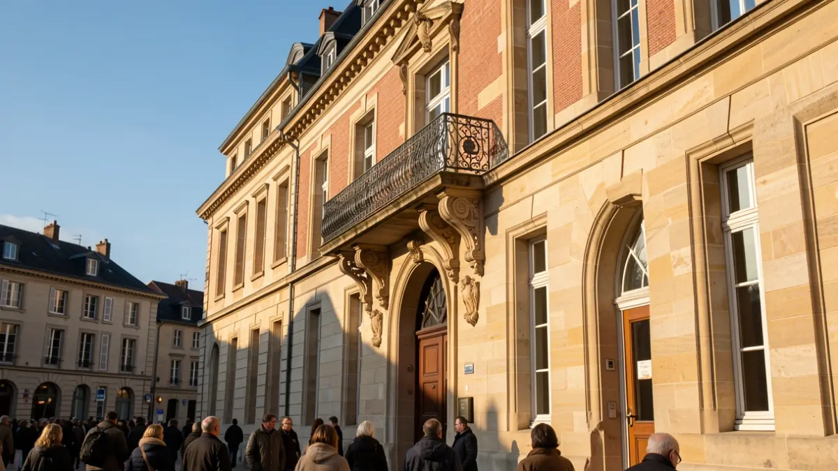 Stone facade of a town hall in the Auvergne-Rhône-Alpes region with an iron balcony, afternoon light.