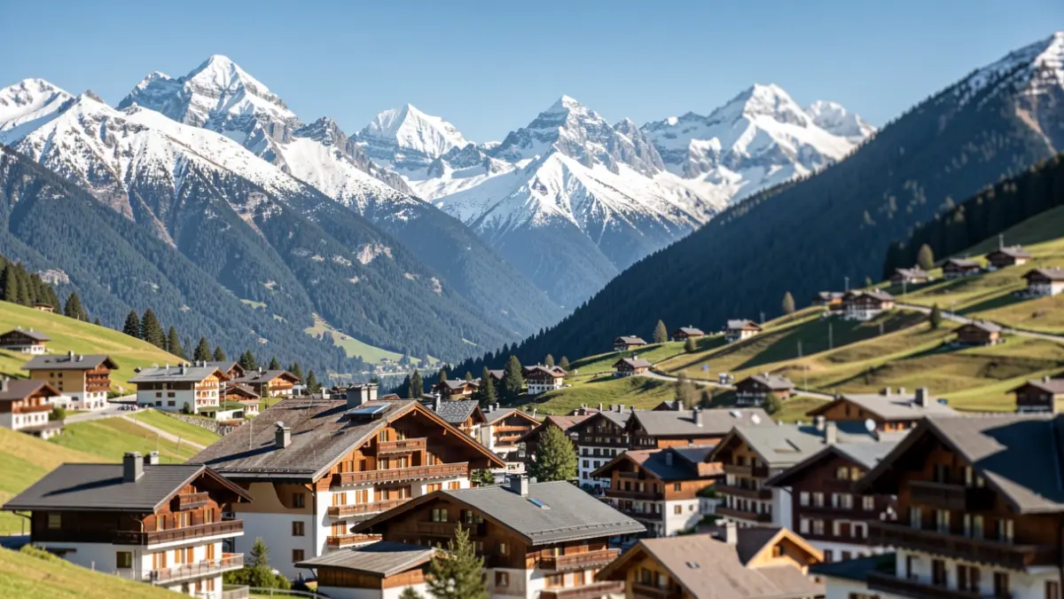 Panoramic view of the mountain town of Morzine in the French Alps, featuring traditional chalets and snow-capped peaks.