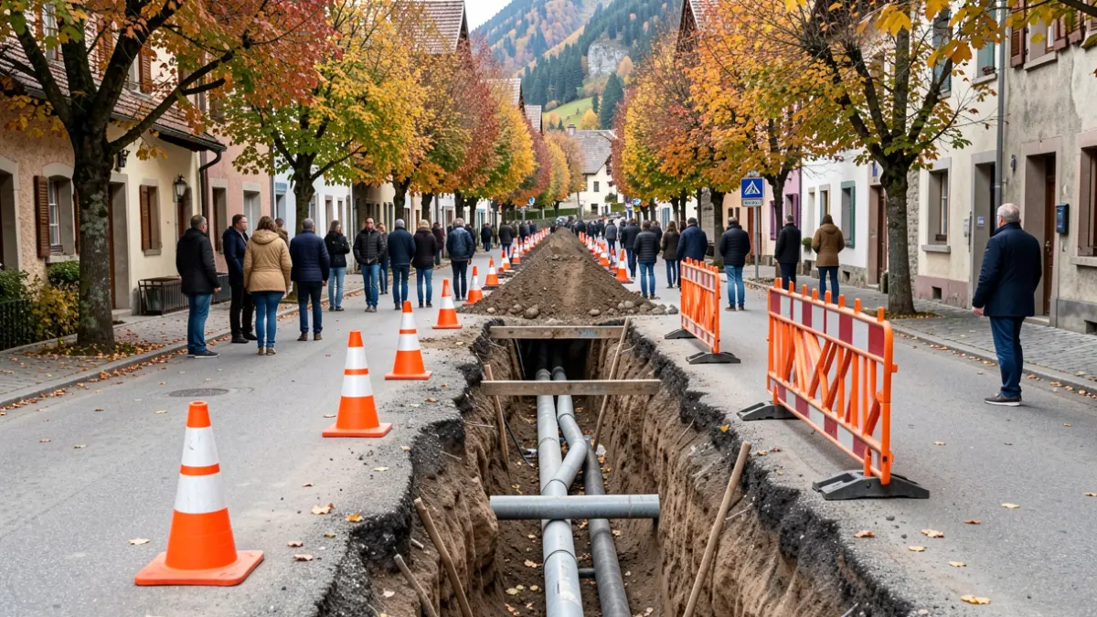 Roadworks on Route de la Combe à Zore in Morzine, involving underground utility network installation and alternating traffic.
