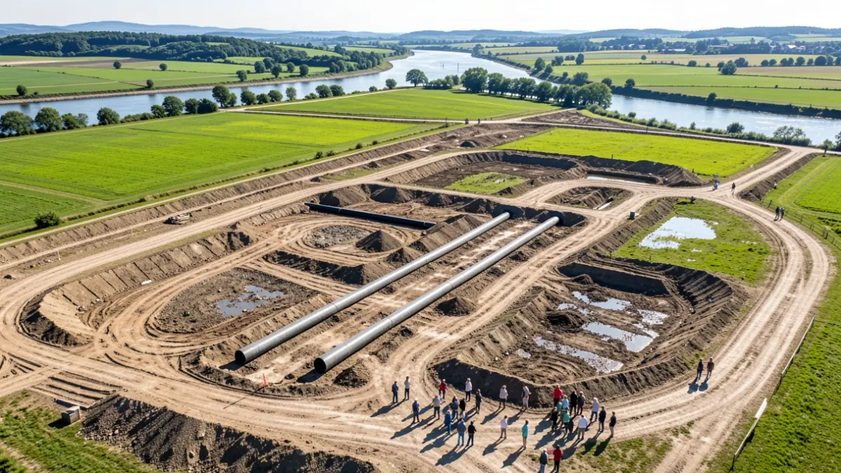 Aerial view of a wetland restoration construction site in the Auvergne-Rhône-Alpes region.