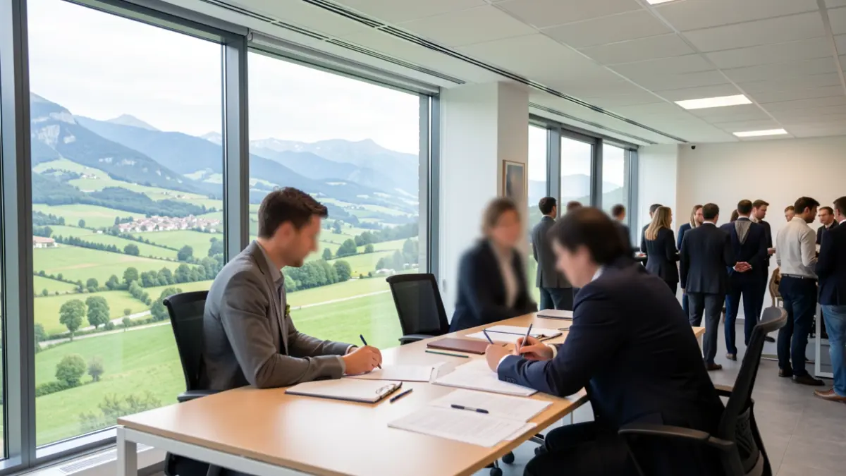 Image générique de collaboration dans un bureau moderne avec vue sur la campagne.
