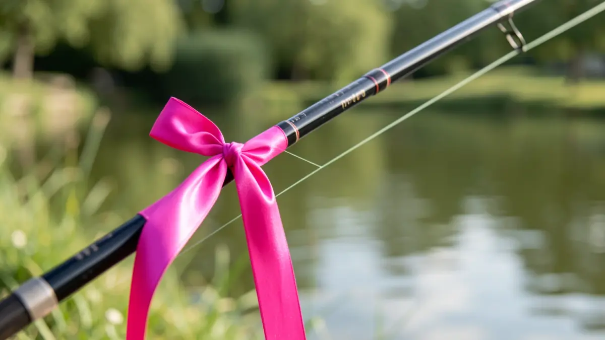 Pink ribbon on a fishing rod, symbolizing the 'Pêche pour Elles' event for Octobre Rose in Sourcieux-les-Mines.