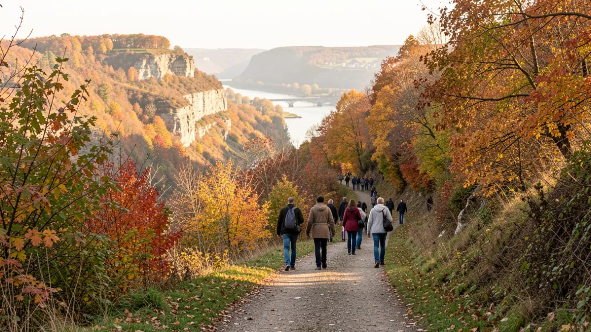 Scenic hiking trail in the Gorges de la Loire region in autumn.