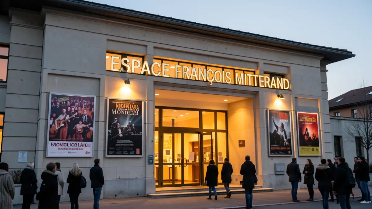 Facade of the Espace François Mitterrand cultural center in Montmélian, illuminated in the evening.