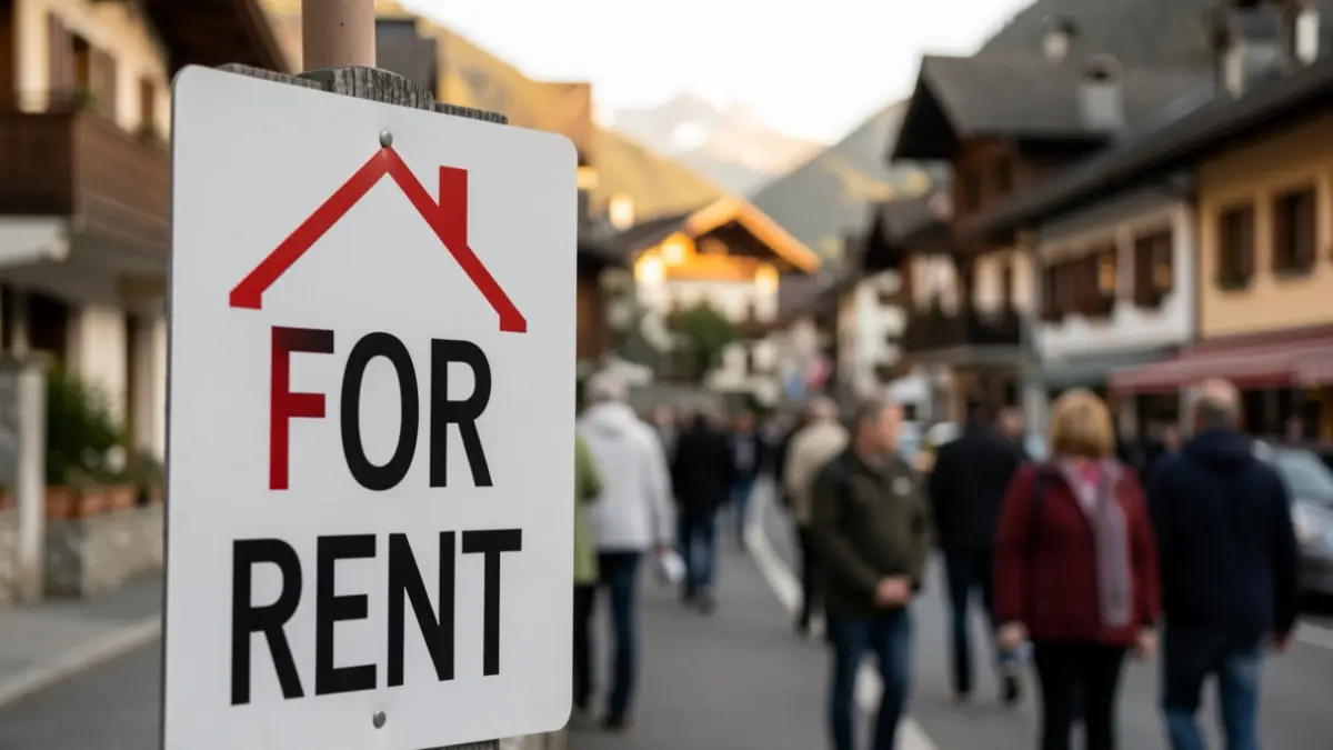 Close-up of a 'For Rent' sign in front of a house in the French Alps.