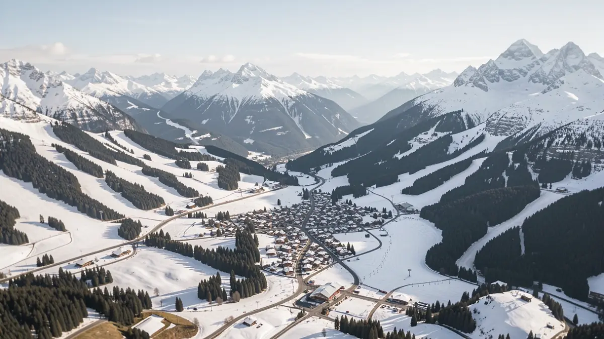 Vue aérienne d'une zone de ski dans les Alpes françaises, montrant les pistes et les montagnes environnantes.