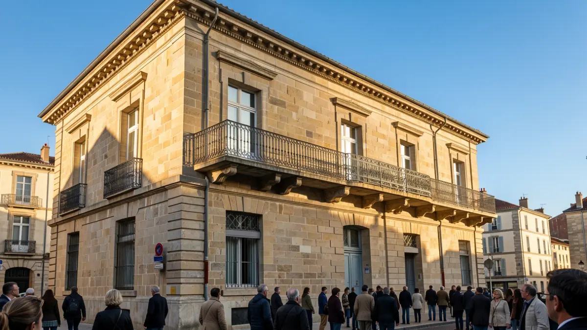 Façade d'un bâtiment municipal en pierre avec balcon orné, éclairée par le soleil de l'après-midi.