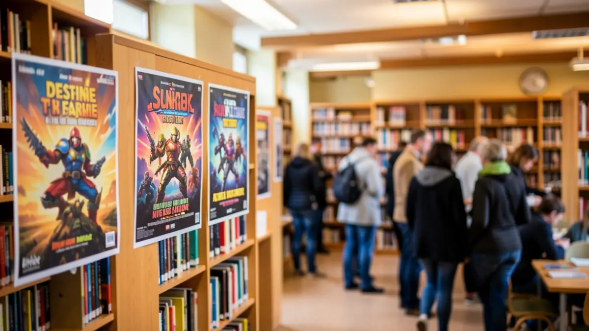 Generic image of a library with event posters.