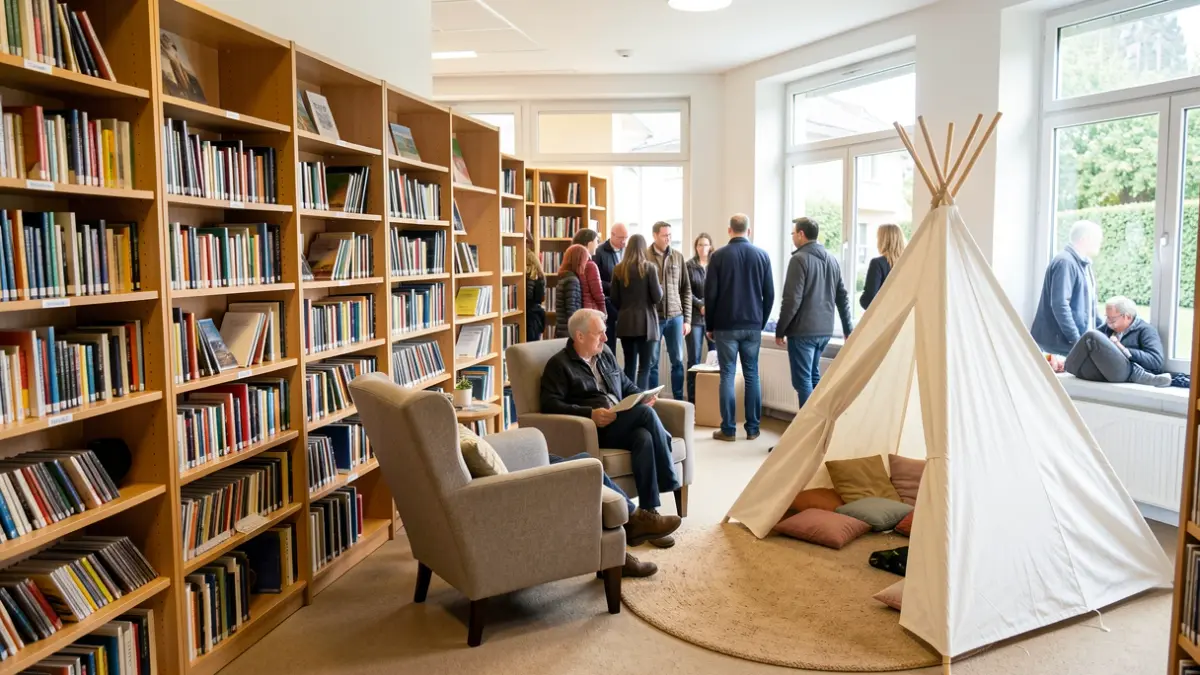 Generic image of a library interior with bookshelves, a reading corner, and a tipi.
