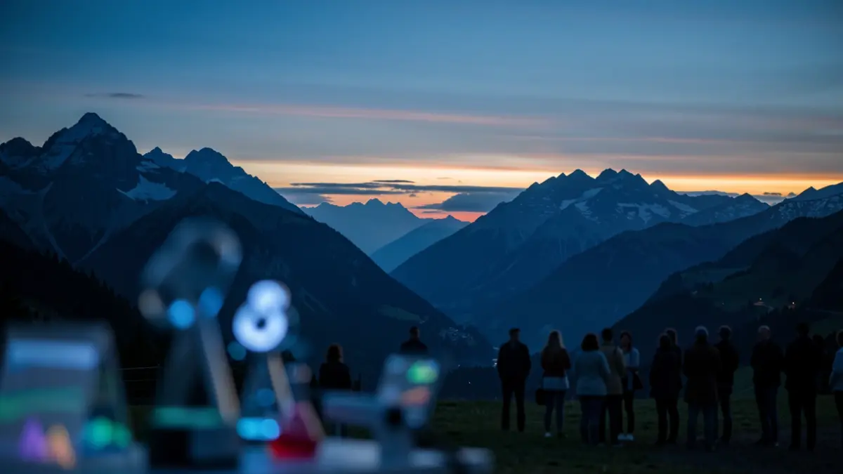 Mountain landscape at dusk with abstract shapes suggesting scientific data. Contemplative mood.