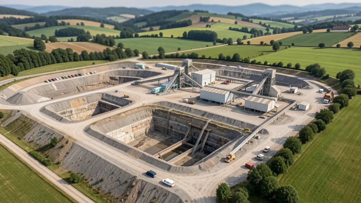 Aerial view of an industrial site with mining infrastructure in Auvergne-Rhône-Alpes.