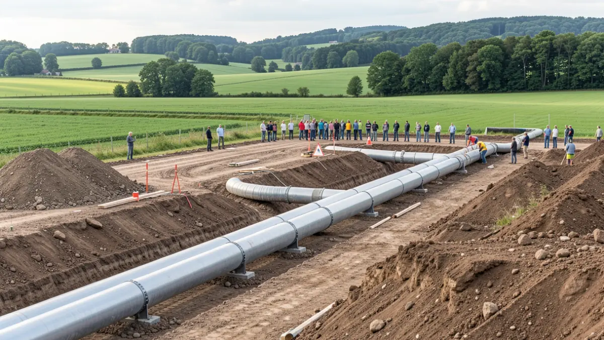 Image générique de travaux de canalisation d'hydrogène dans un paysage rural.