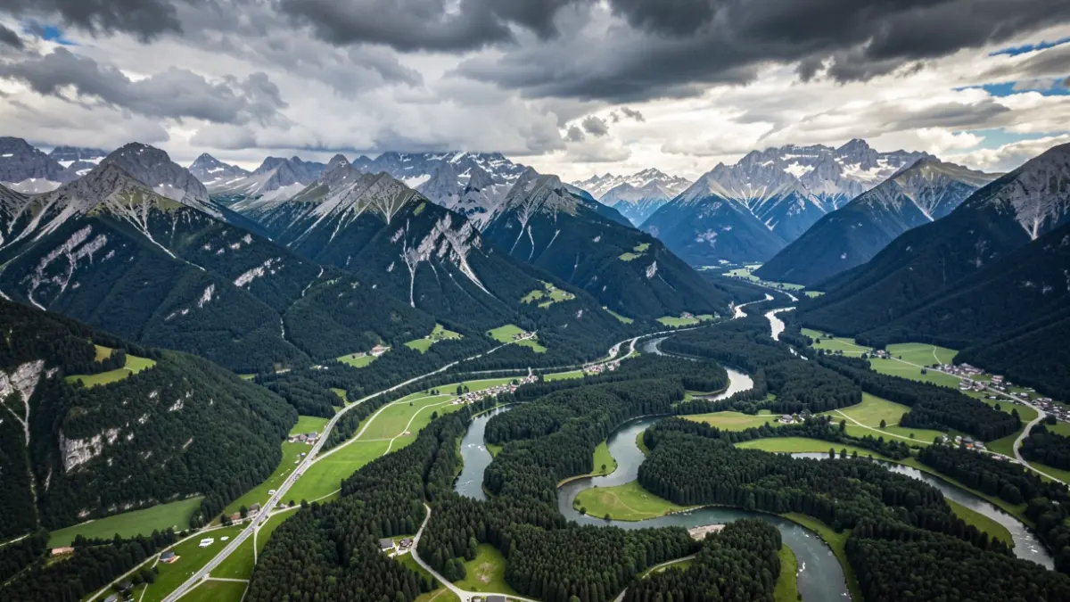 Aerial view of the Chartreuse mountain range in Auvergne-Rhône-Alpes, with winding rivers and dense forests, under a changing sky.