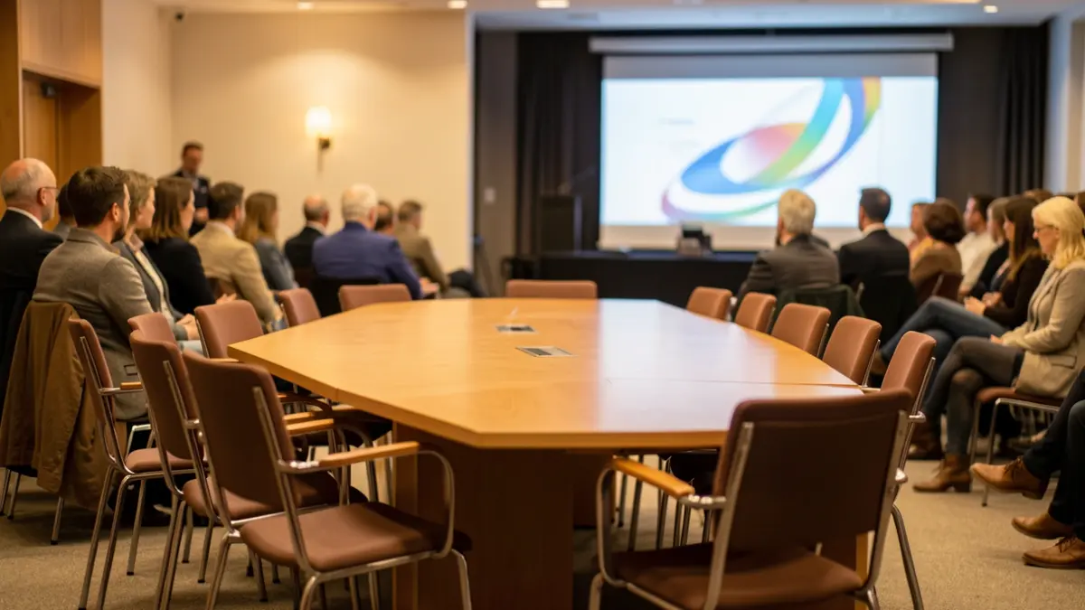 Salle de réunion générique avec écran de présentation.