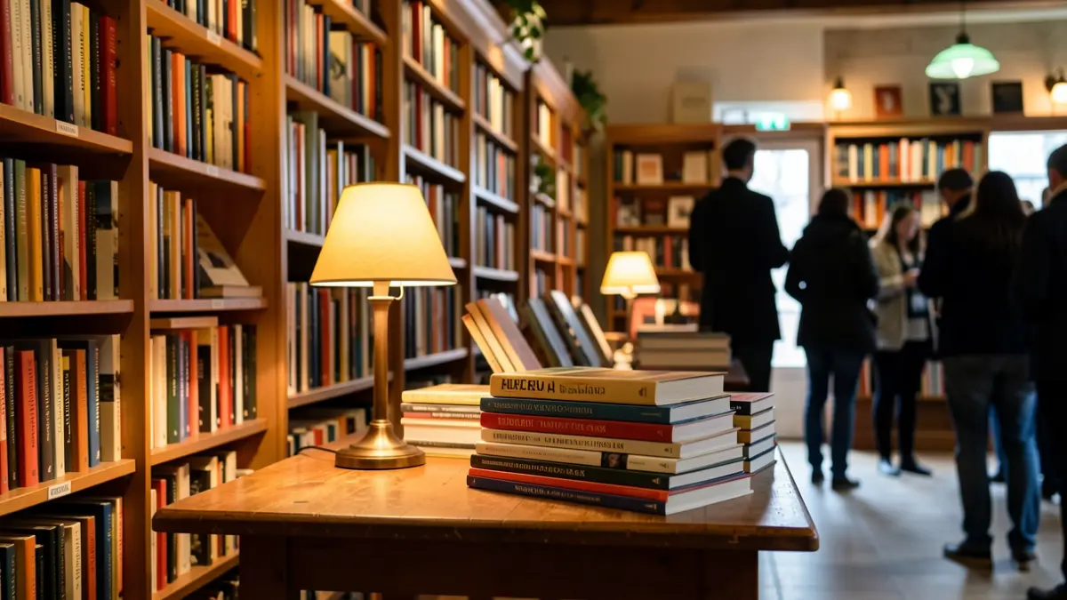 Generic image of a cozy bookstore with books and a lamp.
