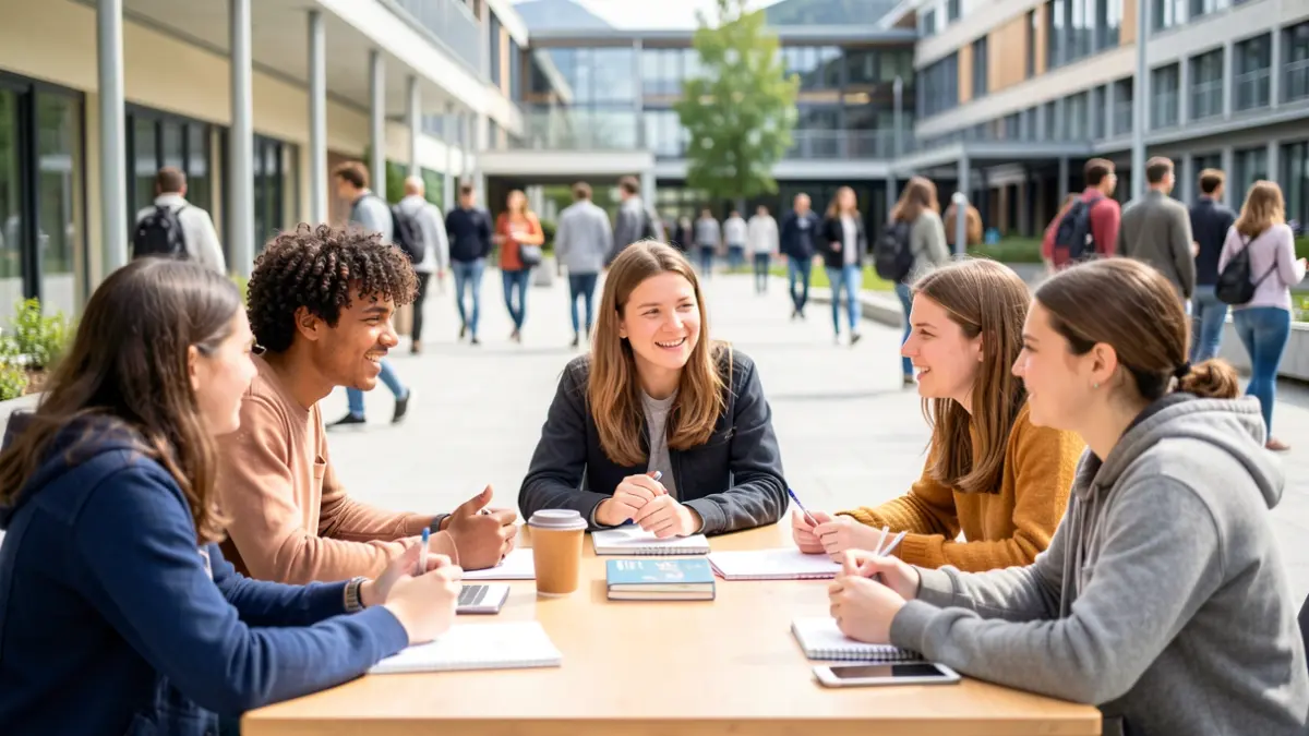 Image générique d'étudiants et chercheurs participant à une table ronde dans un campus universitaire de la région Auvergne-Rhône-Alpes.