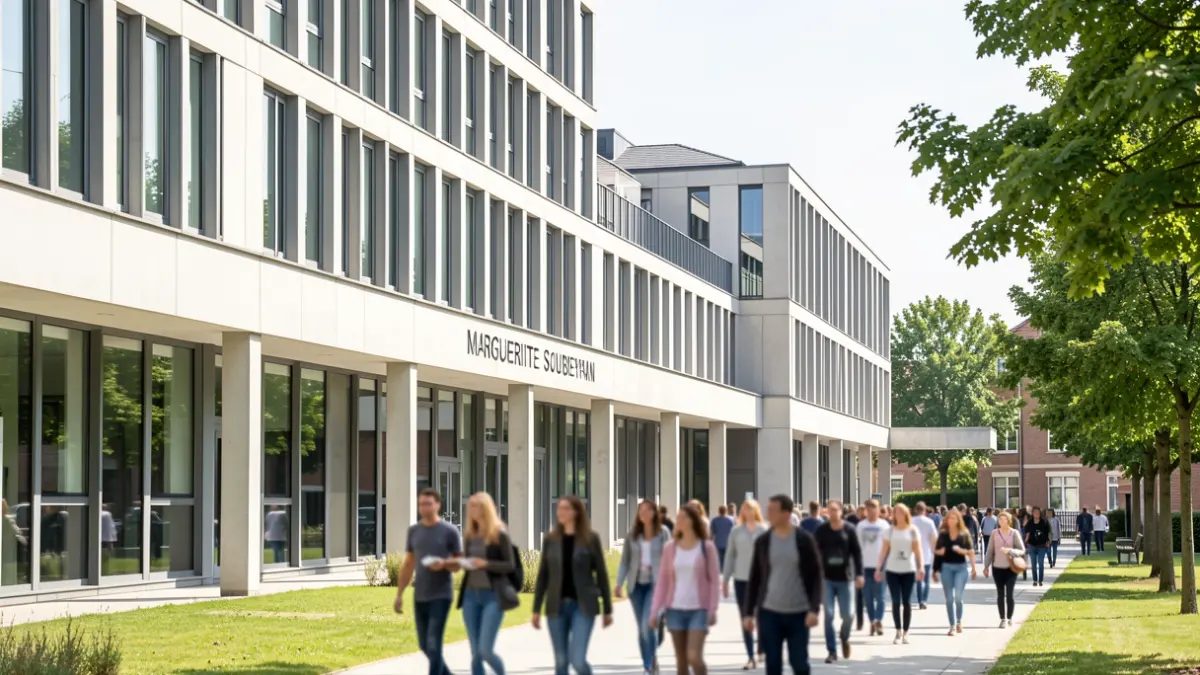 University building on a campus, with students in the background.