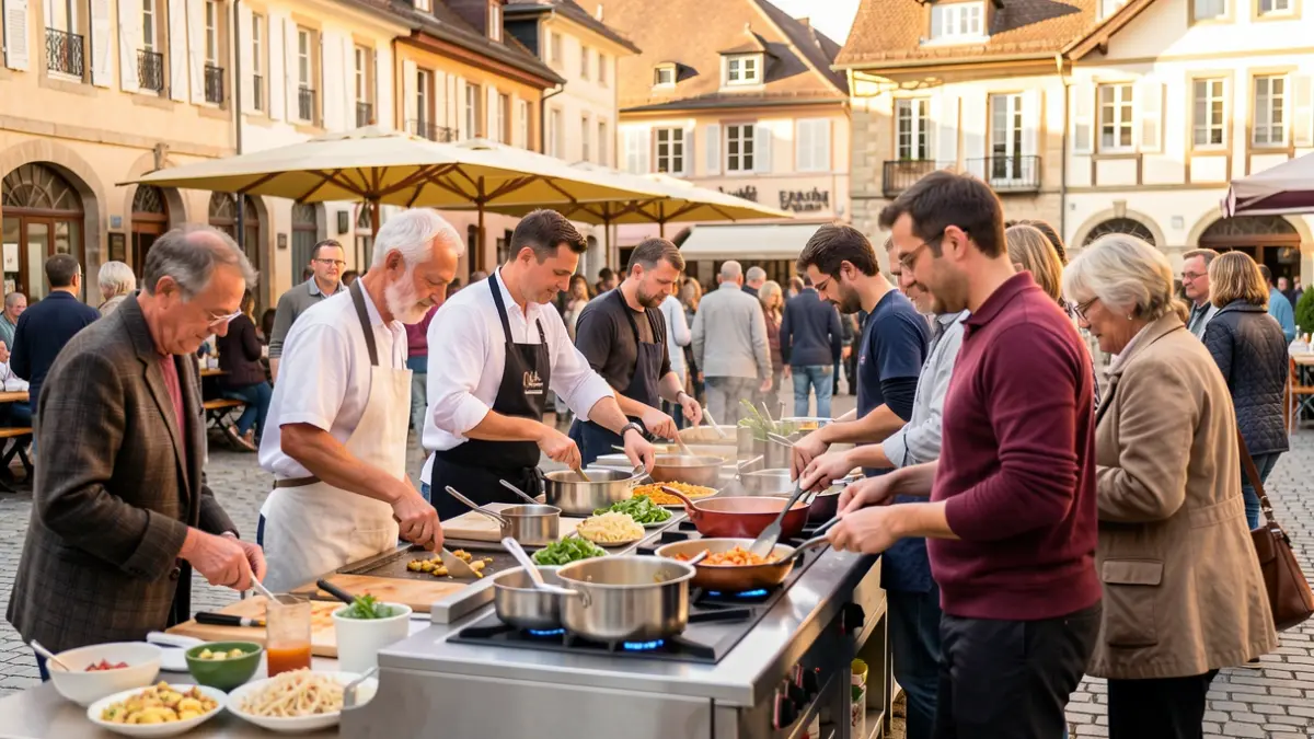 Generic image of an outdoor communal kitchen, with participants sharing recipes and stories.