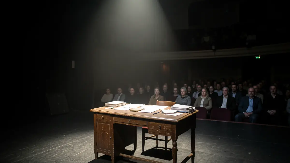 Theatre stage lit by a spotlight, with a desk and scattered papers.