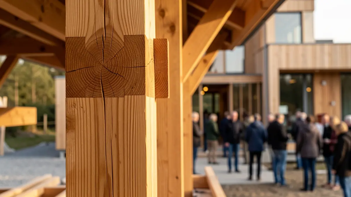 Gros plan sur une poutre en bois avec une menuiserie complexe, dans le cadre d'un projet de construction durable.
