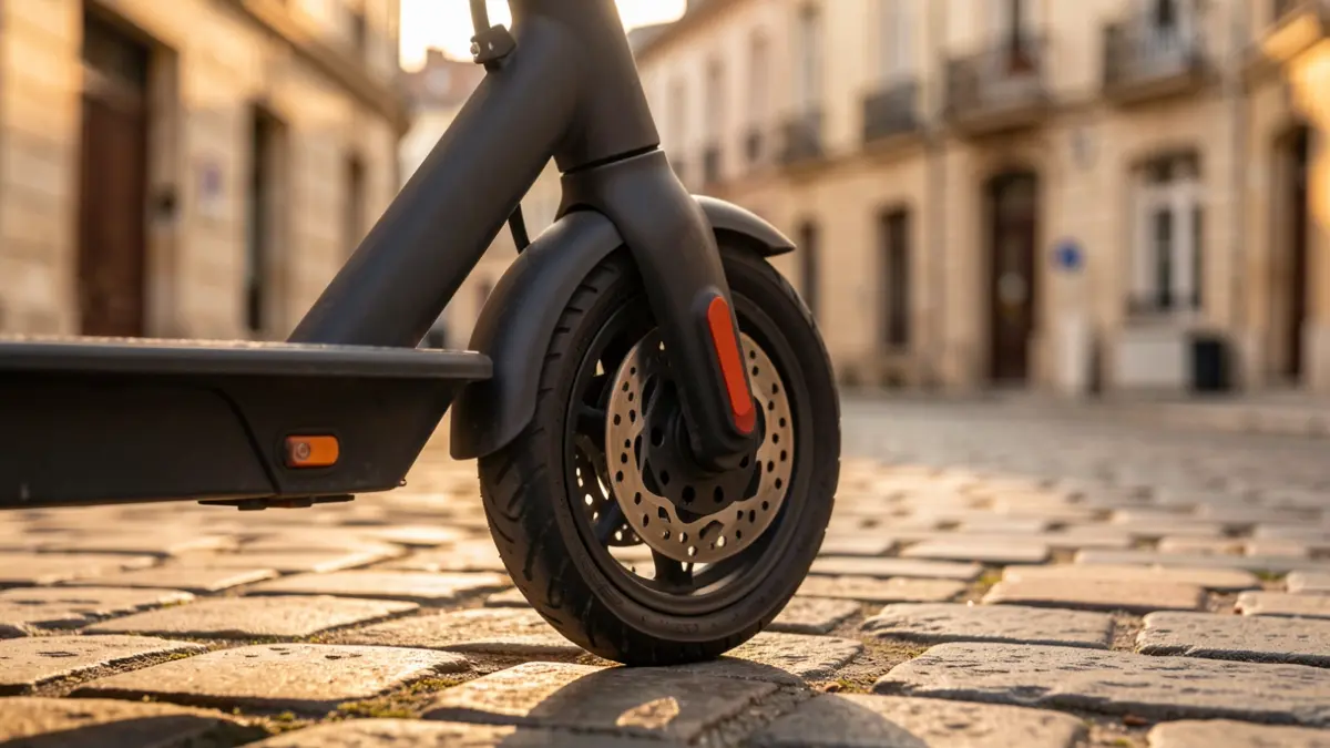 Roue de trottinette électrique garée sur un trottoir en pierre à Morancé, France, avec la lumière du soir.