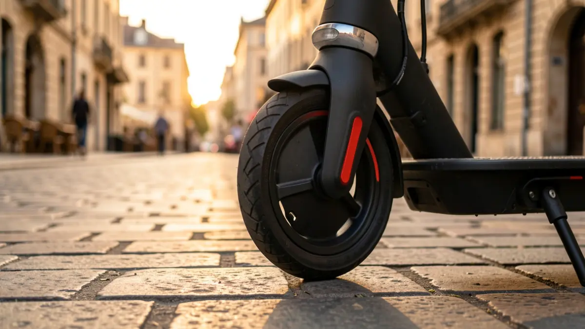 Close-up of an electric scooter wheel parked on a stone-paved sidewalk in a French town, warm evening light.