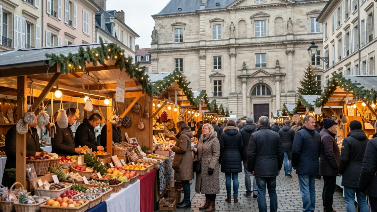 Marché de Noël artisanal et festif à Riom, avec des étals de créateurs et de produits locaux.