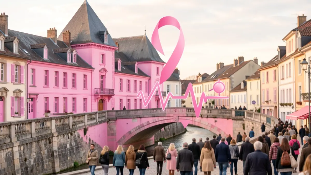 Symbolic image of Pink October in Rumilly, with architectural elements of the town tinged with pink.