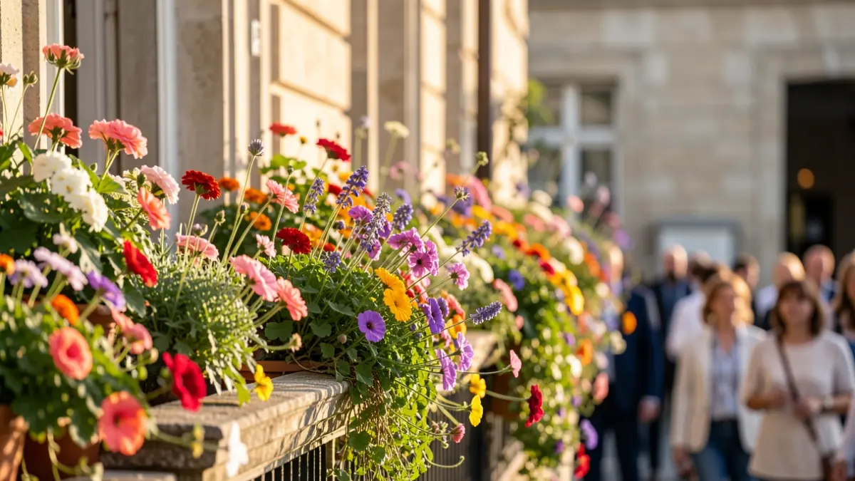Generic image of flowered balconies in a city.