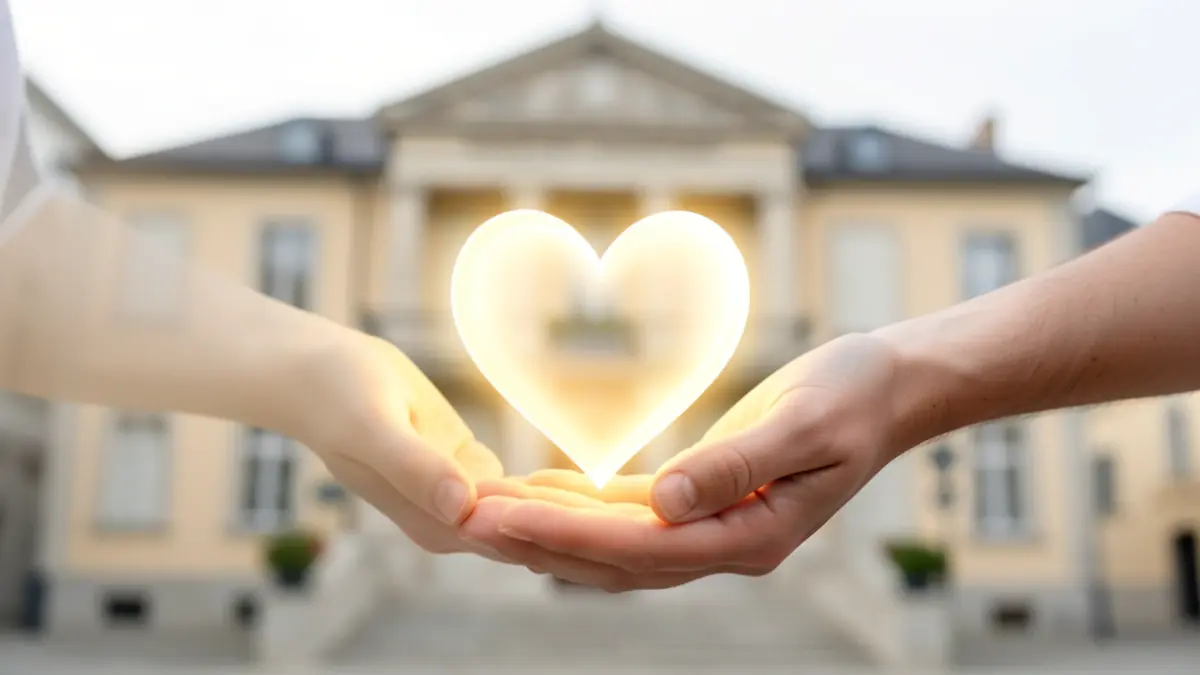 Image symbolique du don d'organes avec des mains tenant un cœur lumineux devant une mairie.
