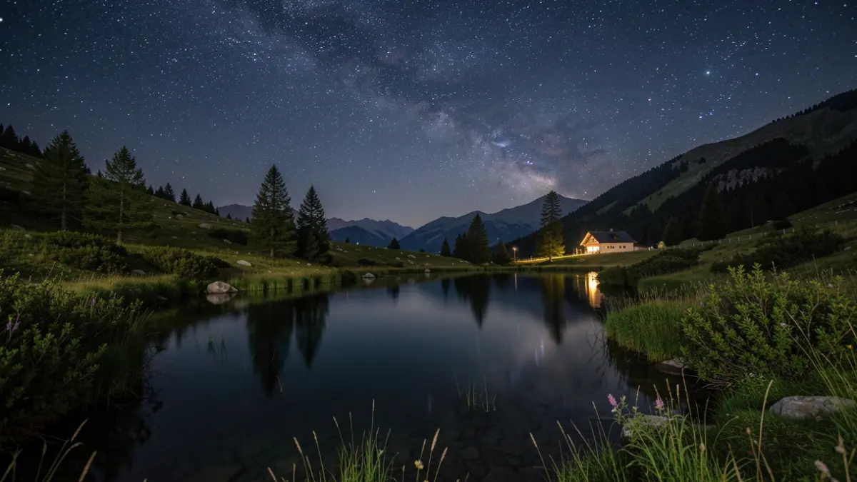 Image générique de la nuit dans les Alpes, avec un plan d'eau reflétant les étoiles et une végétation luxuriante.