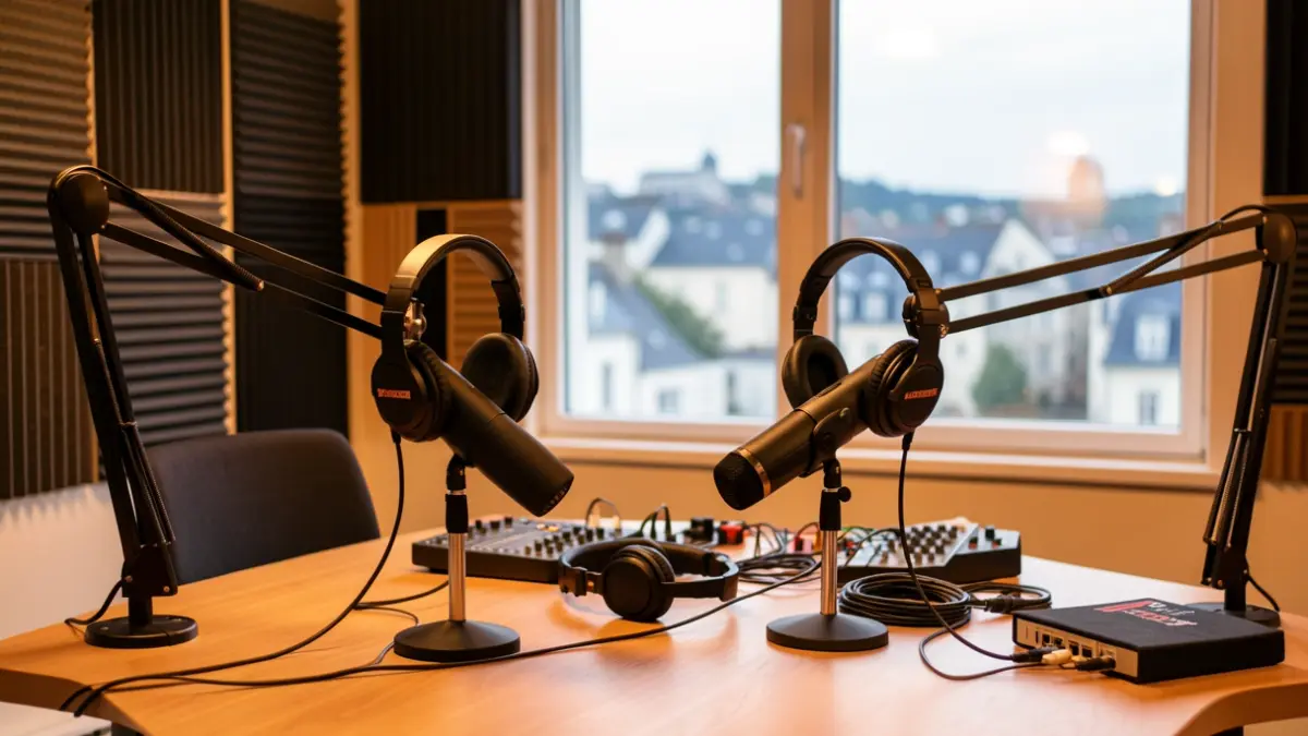 Podcast recording studio with a view of the city of Saint-Priest.