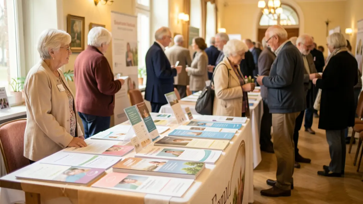 Image générique d'un salon sur le bien vieillir avec des stands d'information et des participants.