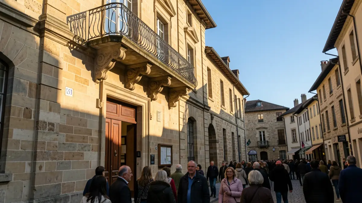 Facade of a stone town hall in the Auvergne-Rhône-Alpes region.