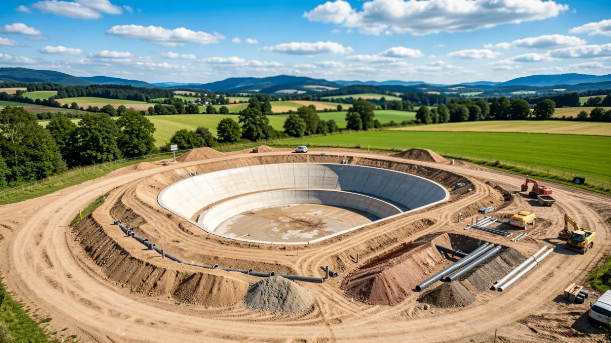 Vue aérienne d'un chantier de bassin d'orage dans une zone rurale.
