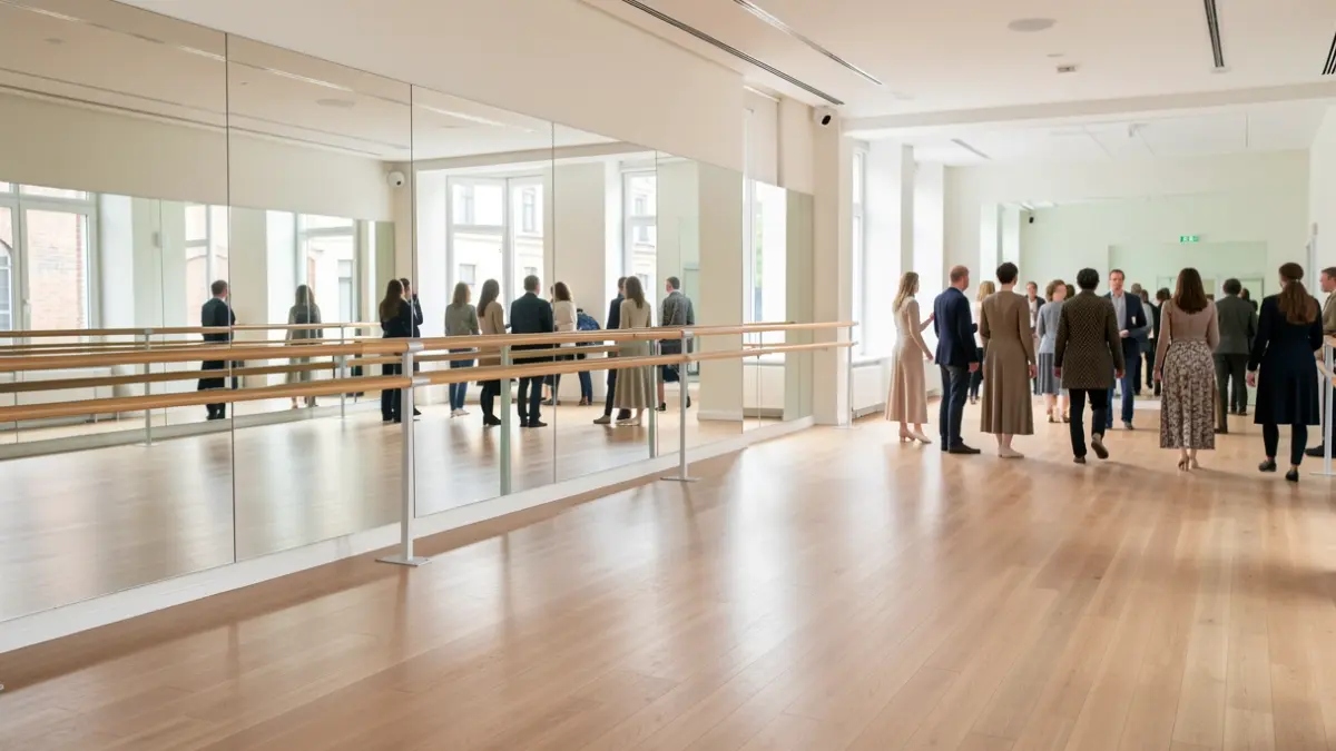 Interior of a dance studio with parquet floor, mirrors, and dance barres.