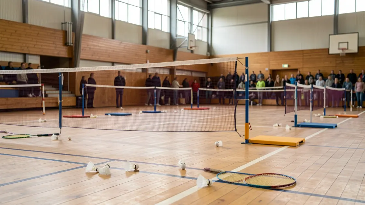 Interior of an empty badminton gymnasium with nets and shuttlecocks on the floor.