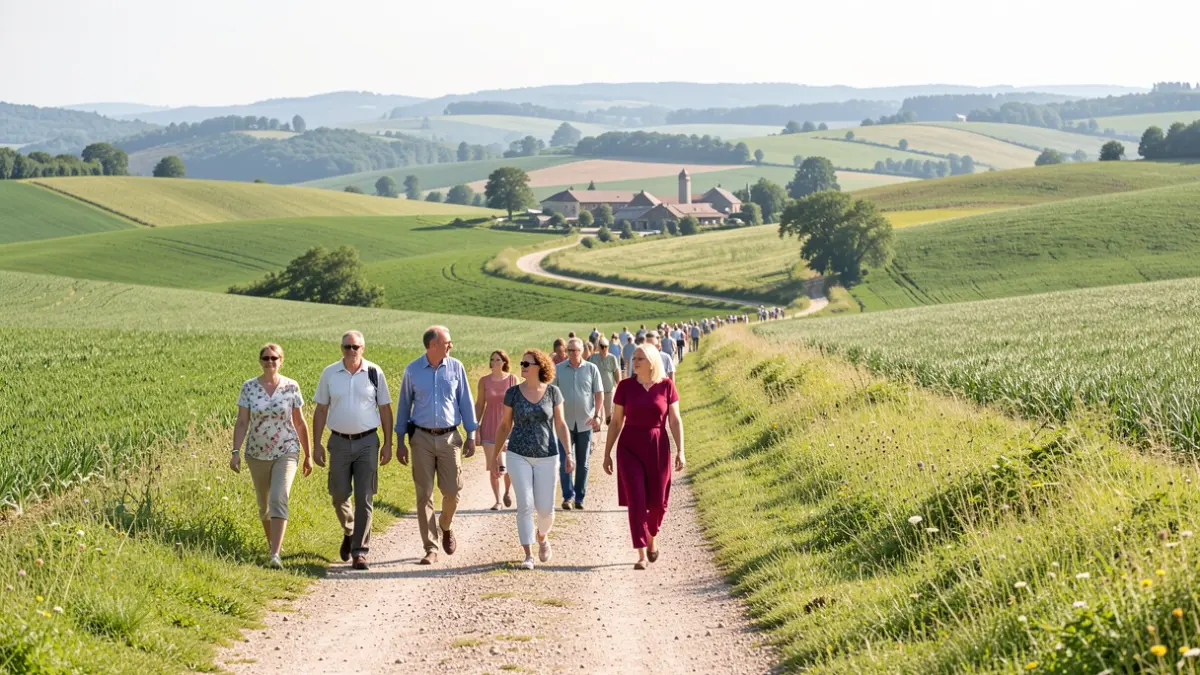 Image générique de participants à une randonnée découverte dans les Monts du Lyonnais.