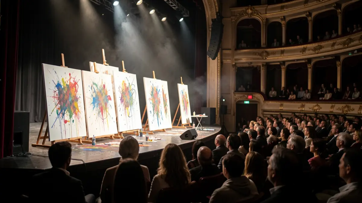 Image générique de scène de théâtre avec toiles et projections artistiques.
