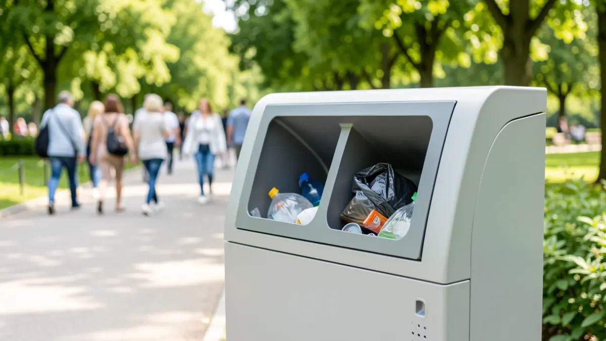 Image générique de poubelles de tri publiques dans un parc.