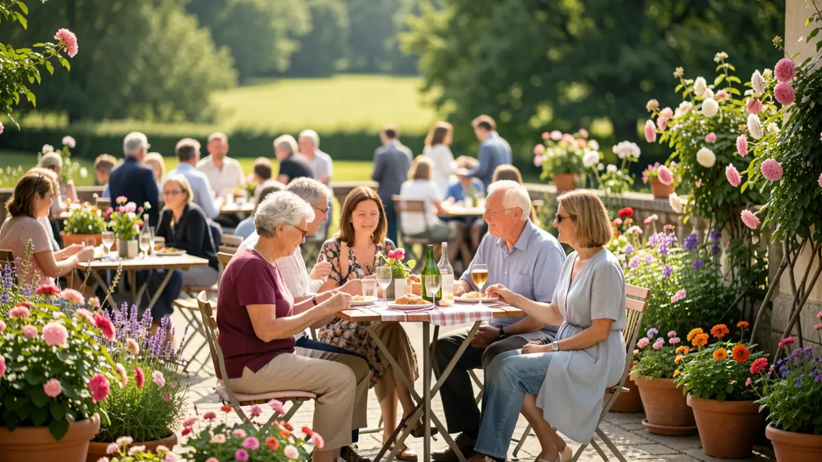 Residents enjoy a picnic on a flowered terrace overlooking a park.