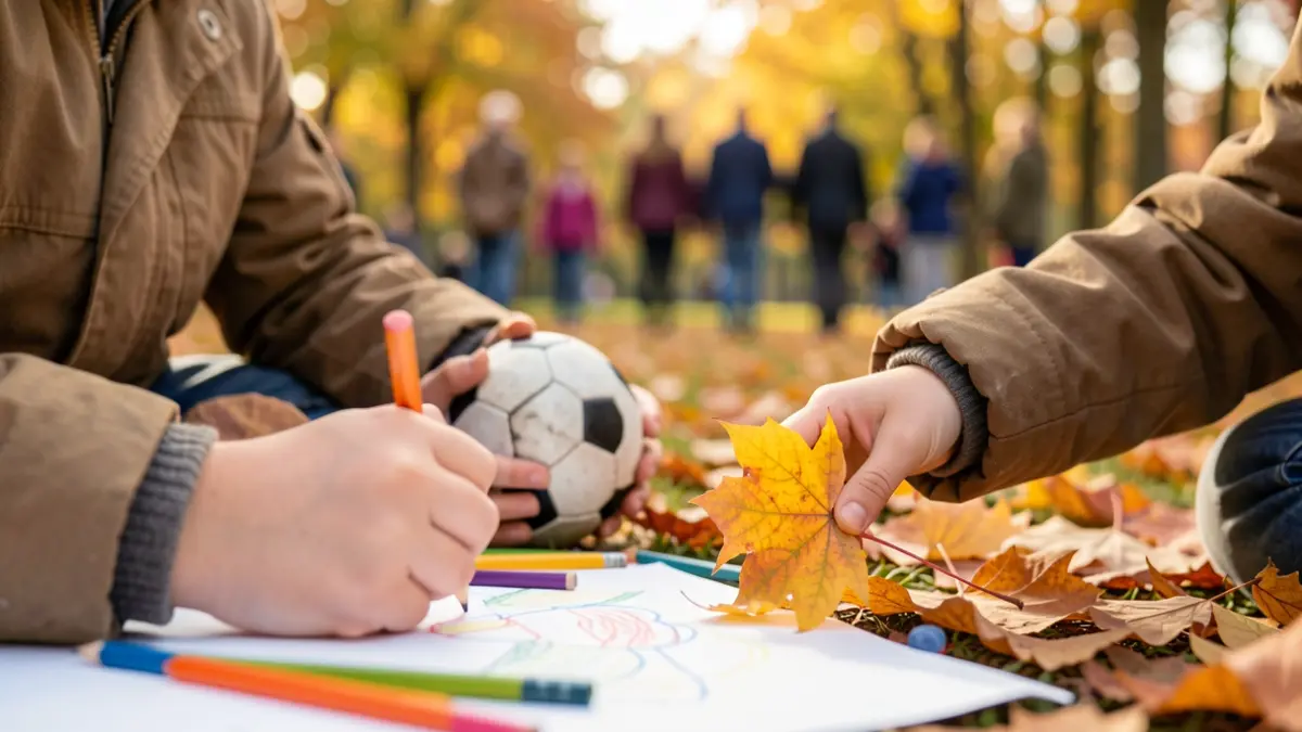Children's hands participating in autumn activities: drawing, sports, nature.