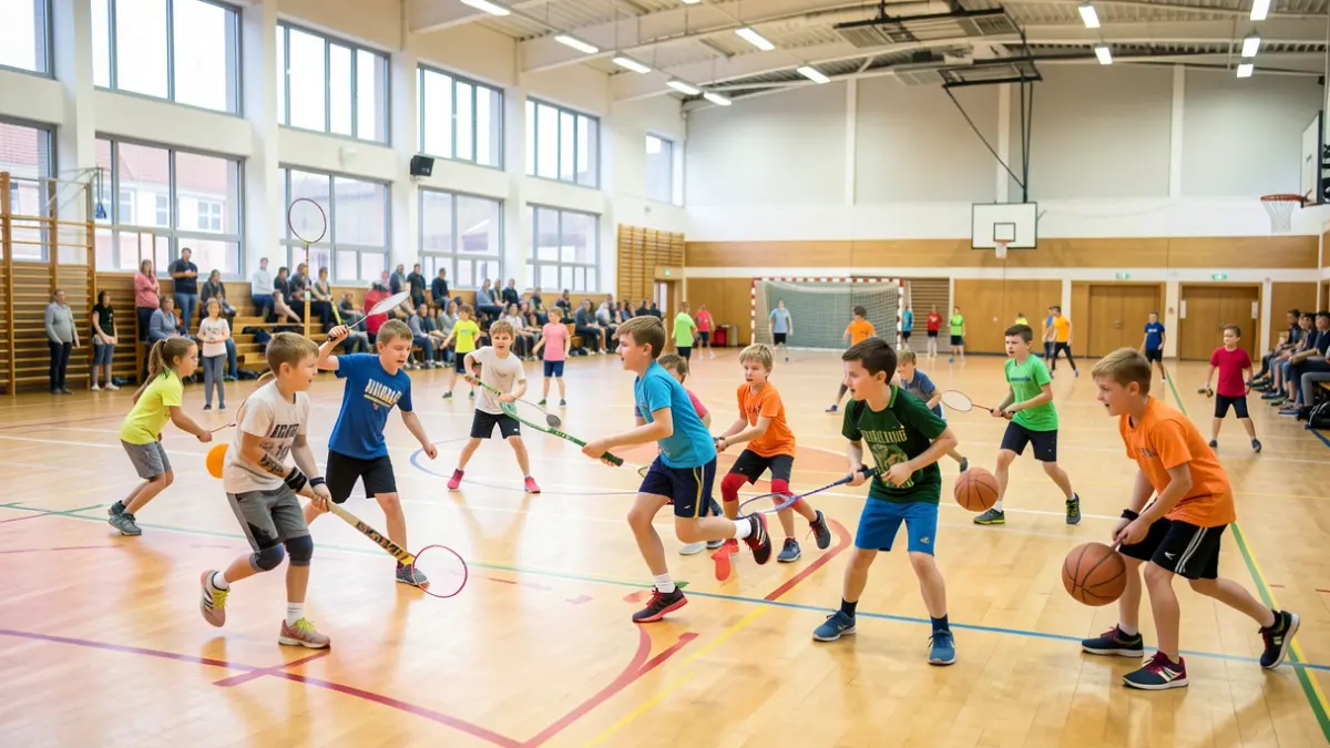 Generic image of children participating in sports activities in a gymnasium and a sports hall.