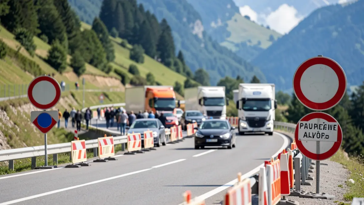 Image générique de déviation de circulation sur une route de montagne alpine avec des barrières temporaires.