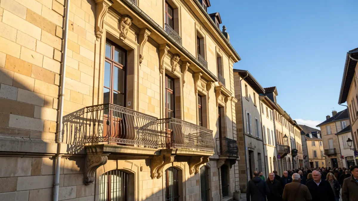 Stone facade of an Auvergne-Rhône-Alpes town hall with ornate balcony and iron railings, warm afternoon sunlight casting shadows on the sandstone walls, blue sky.