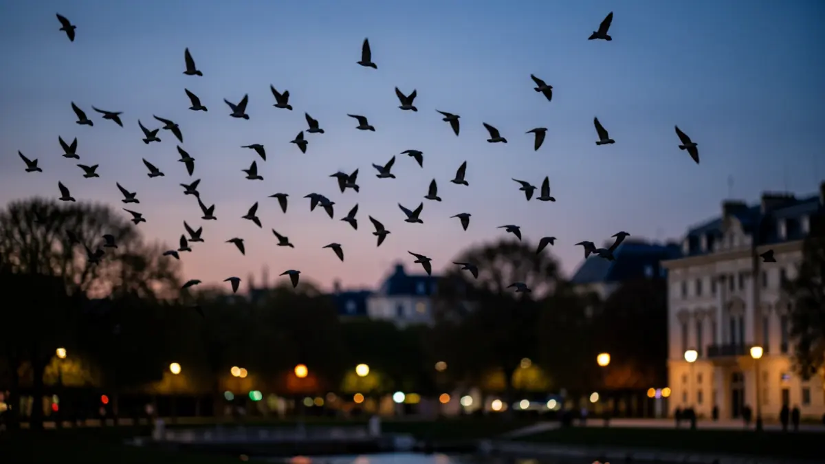 Flock of starlings at dusk over the Parc des Sources in Vichy.