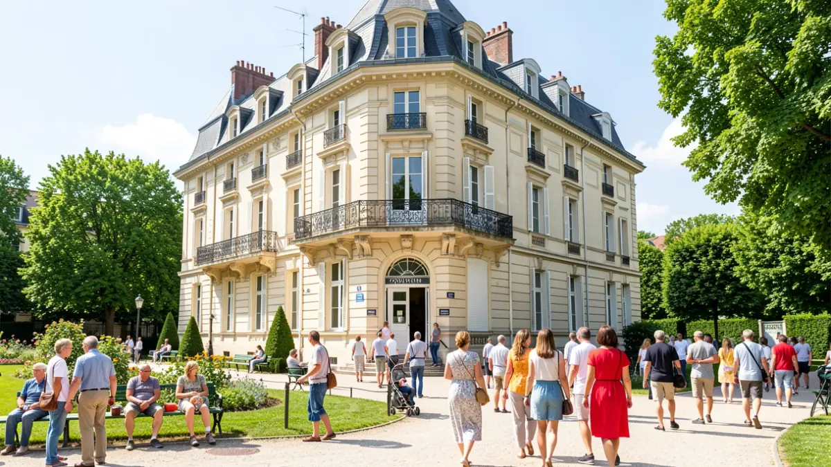 Exterior of the Valery-Larbaud media library in Vichy during summer, with cultural activities.