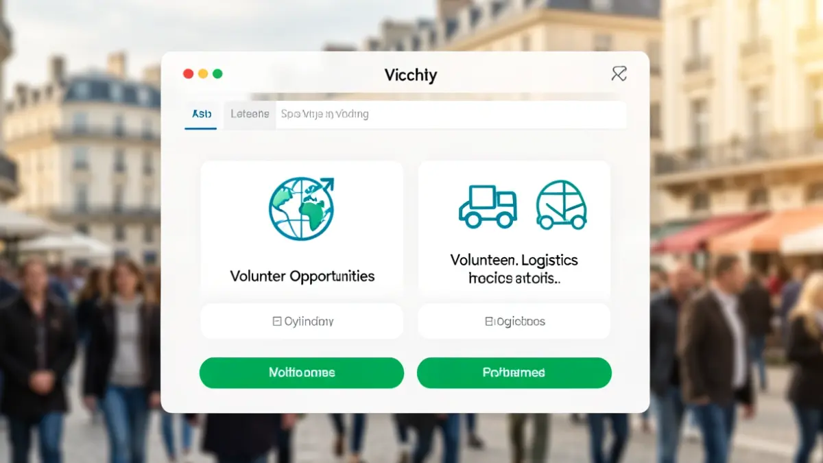 Interface of the Vichy Volunteer Exchange platform, showing mission offers and icons.